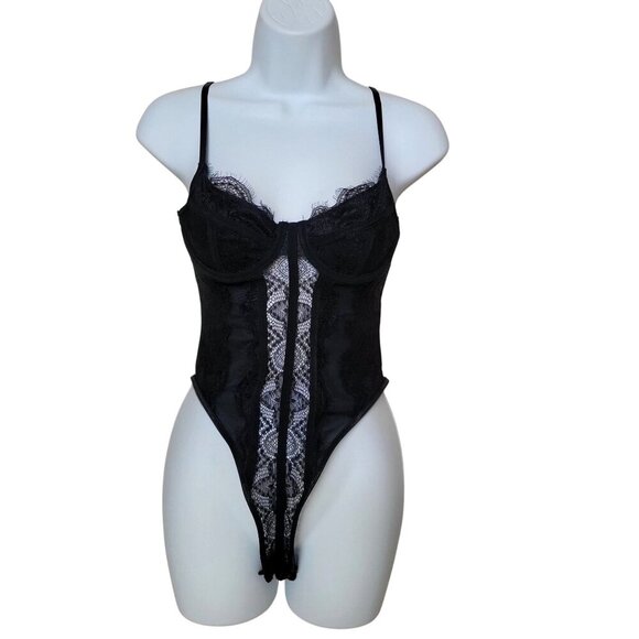 Shein Bae Black Lace Sheer Bodysuit with Adjustable Straps & Snap Closure- S - Picture 4 of 7